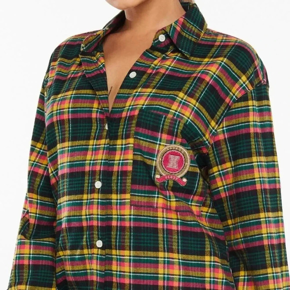 SAVAGE X FENTY Tied Up Tartan PJ Raw Hem Sleep Shirt in Pink Canterbury Plaid - Picture 9 of 9